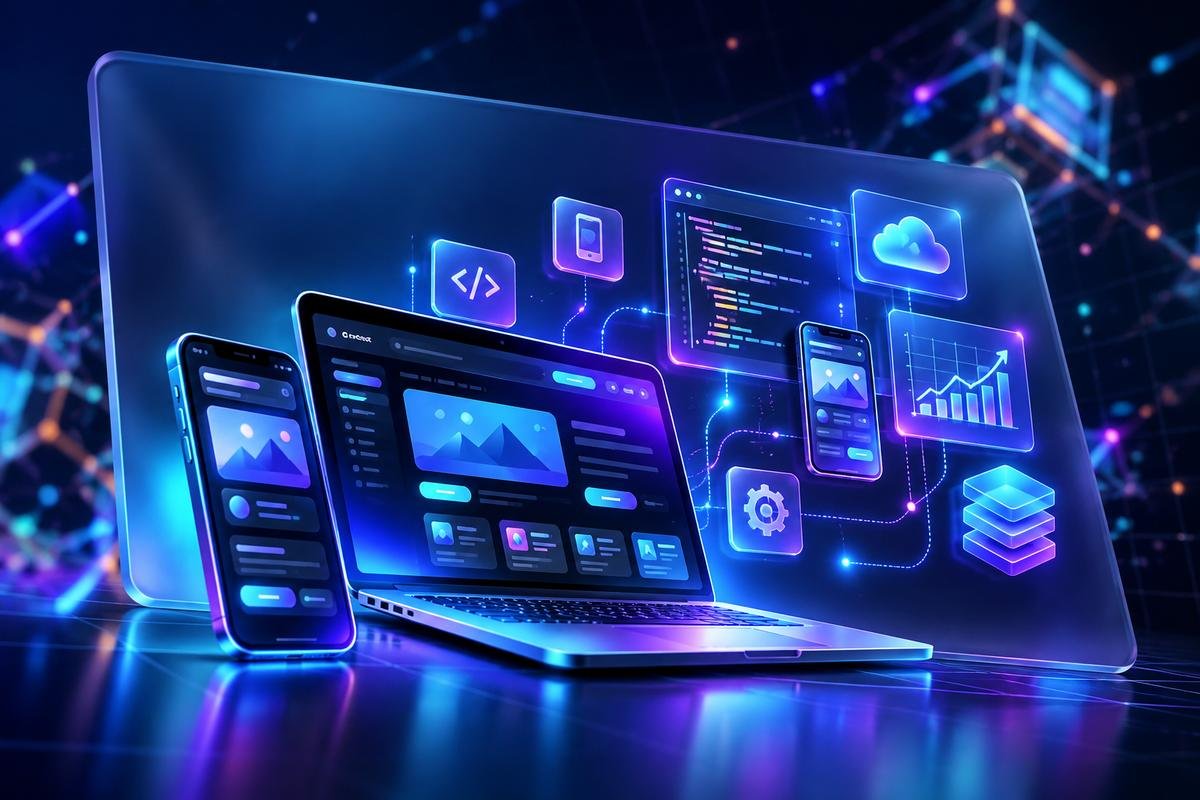 A phone and laptop showing a website design, with floating icons for code, mobile apps, cloud, settings and analytics