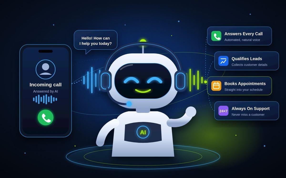 A futuristic AI robot voice agent with a headset answering a customer call, with panels for lead qualification, appointment booking and 24×7 support