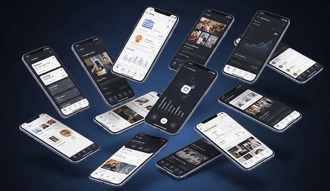Several smartphone screens showing different mobile app designs