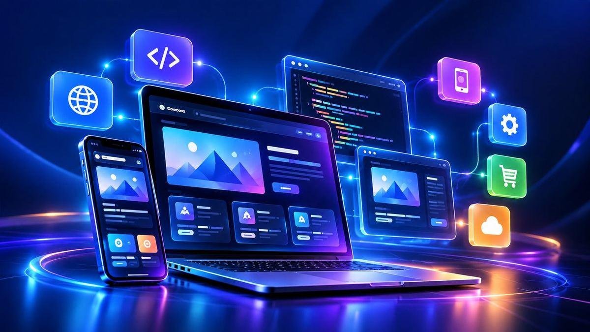 A laptop and phone showing a business website, with icons for web, code, mobile, settings, shopping and cloud