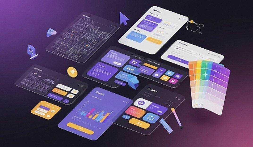App and website interface designs with wireframes and a colour palette