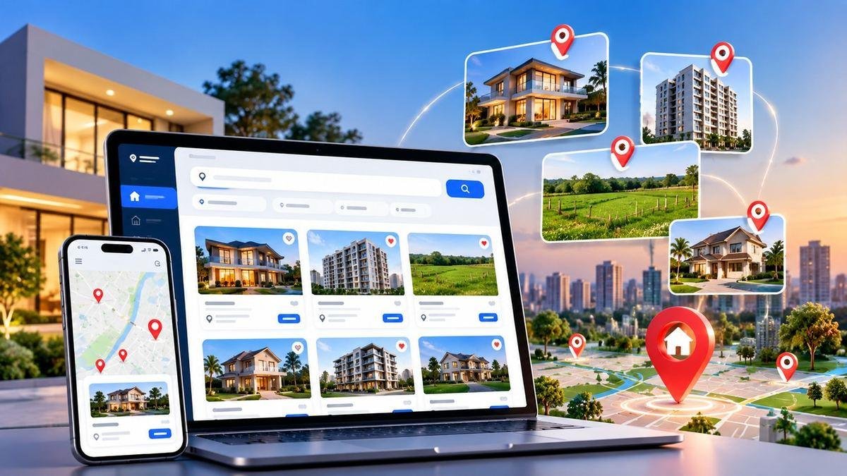 A property listing website on a laptop and phone, with house, apartment and plot listings pinned on a map